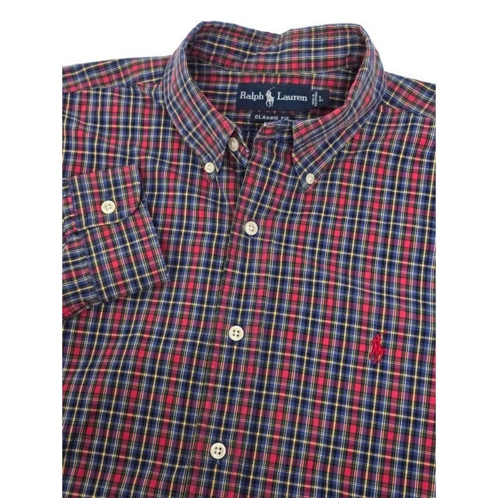 Ralph Lauren Classic Fit Plaid Shirt Mens Large Red Navy Blue Cotton Button Down
